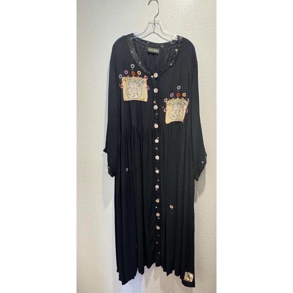 Vintage‎ Papy Boez Women’s Embroidered Patchwork Floral Button Up Relaxed Dress